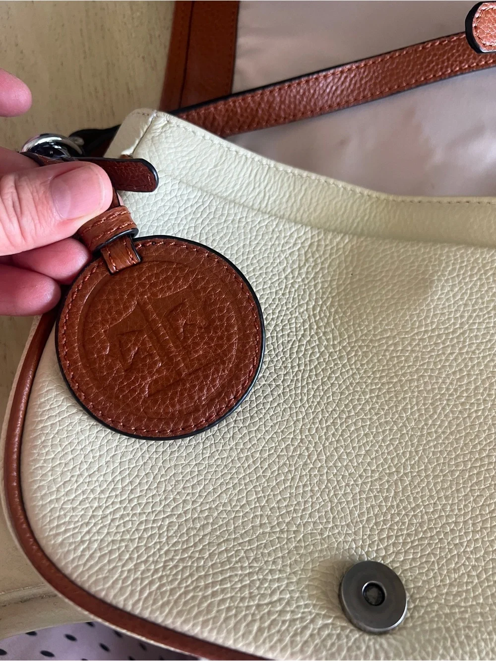 Tucker tweed. Tan and Cream Leather Crossbody Messenger Bag with Horse Medallion